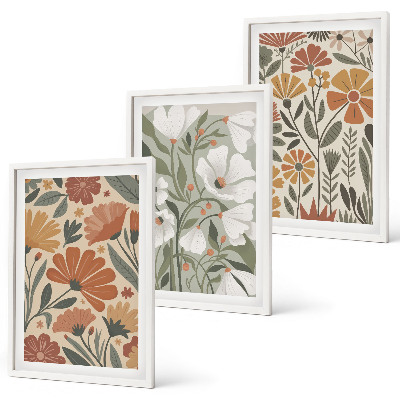 Composição de quadros moderna Estampas florais em tons de laranja e verde.
