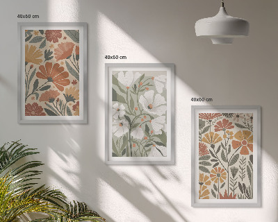 Composição de quadros moderna Estampas florais em tons de laranja e verde.