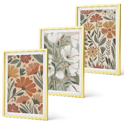 Composição de quadros moderna Estampas florais em tons de laranja e verde.