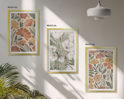 Composição de quadros moderna Estampas florais em tons de laranja e verde.