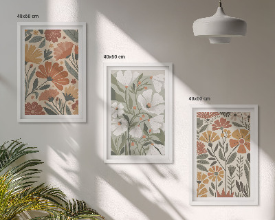 Composição de quadros moderna Estampas florais em tons de laranja e verde.