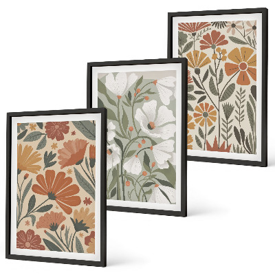 Composição de quadros moderna Estampas florais em tons de laranja e verde.
