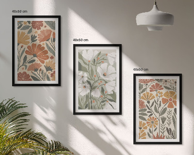 Composição de quadros moderna Estampas florais em tons de laranja e verde.