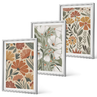 Composição de quadros moderna Estampas florais em tons de laranja e verde.