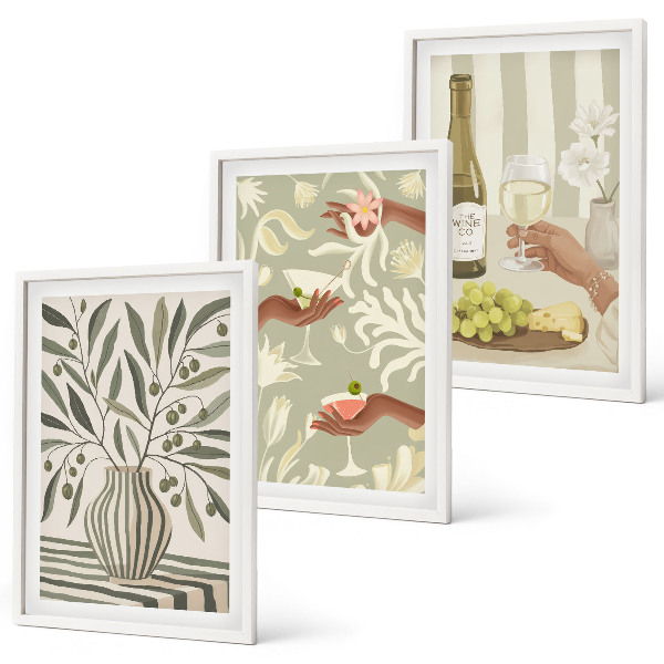 Conjunto de 3 quadros com moldura coquetéis rústicos com flores de oliveira