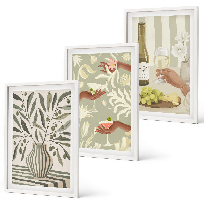 Conjunto de 3 quadros com moldura coquetéis rústicos com flores de oliveira