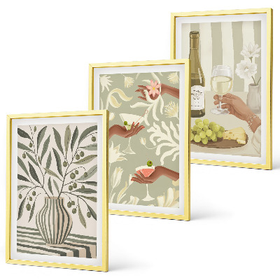 Conjunto de 3 quadros com moldura coquetéis rústicos com flores de oliveira