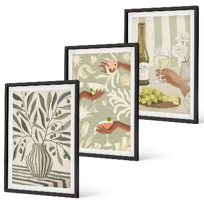 Conjunto de 3 quadros com moldura coquetéis rústicos com flores de oliveira