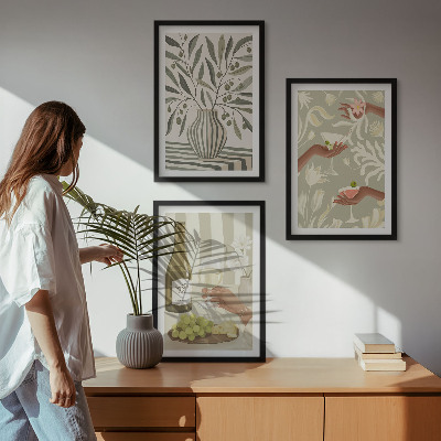 Conjunto de 3 quadros com moldura coquetéis rústicos com flores de oliveira