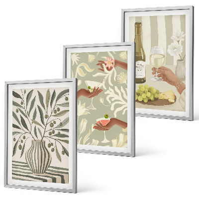 Conjunto de 3 quadros com moldura coquetéis rústicos com flores de oliveira