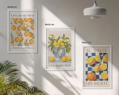 Conjunto de quadros para sala de estar com estampas de frutas cítricas amarelas em estilo retrô