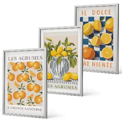 Conjunto de quadros para sala de estar com estampas de frutas cítricas amarelas em estilo retrô