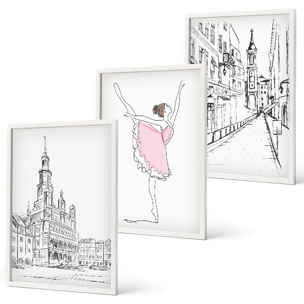 Conjunto de 3 quadros com moldura Bailarinas elegantes e arquitetura