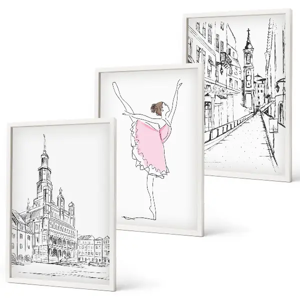 Conjunto de 3 quadros com moldura de bailarinas elegantes e arquitetura