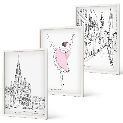 Conjunto de 3 quadros com moldura Bailarinas elegantes e arquitetura
