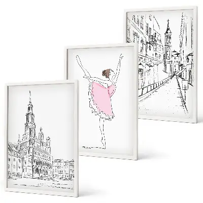 Conjunto de 3 quadros com moldura de bailarinas elegantes e arquitetura