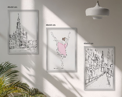 Conjunto de 3 quadros com moldura Bailarinas elegantes e arquitetura
