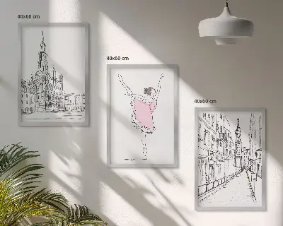 Conjunto de 3 quadros com moldura de bailarinas elegantes e arquitetura