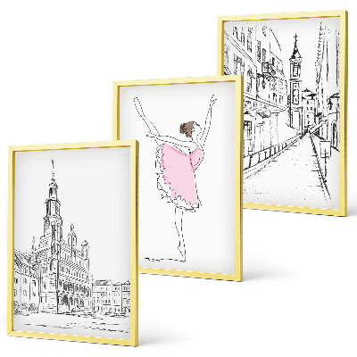 Conjunto de 3 quadros com moldura Bailarinas elegantes e arquitetura
