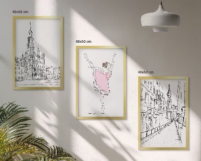 Conjunto de 3 quadros com moldura Bailarinas elegantes e arquitetura