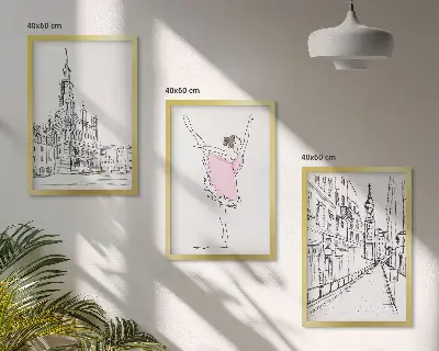 Conjunto de 3 quadros com moldura de bailarinas elegantes e arquitetura