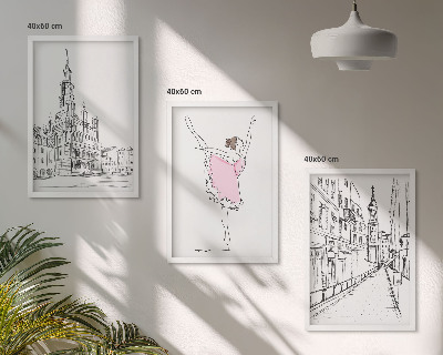 Conjunto de 3 quadros com moldura Bailarinas elegantes e arquitetura