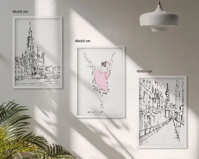 Conjunto de 3 quadros com moldura de bailarinas elegantes e arquitetura