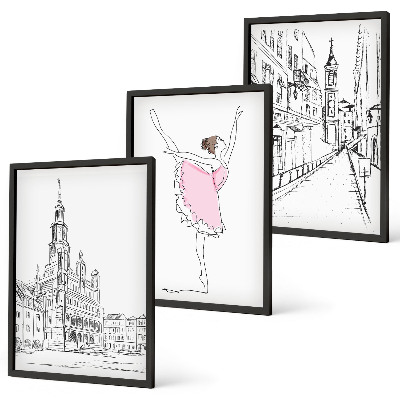 Conjunto de 3 quadros com moldura Bailarinas elegantes e arquitetura