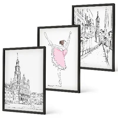 Conjunto de 3 quadros com moldura de bailarinas elegantes e arquitetura