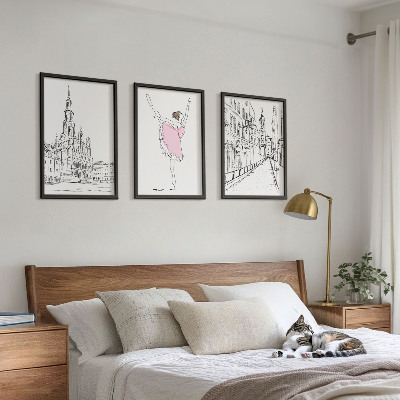 Conjunto de 3 quadros com moldura Bailarinas elegantes e arquitetura