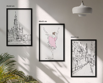 Conjunto de 3 quadros com moldura Bailarinas elegantes e arquitetura
