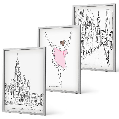 Conjunto de 3 quadros com moldura Bailarinas elegantes e arquitetura