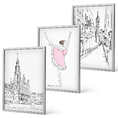 Conjunto de 3 quadros com moldura de bailarinas elegantes e arquitetura