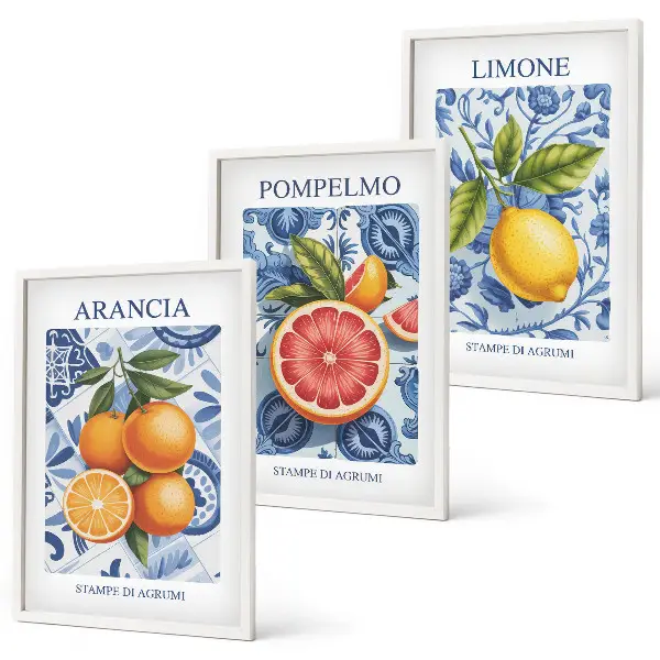 Conjunto de quadros para sala de estar com ilustrações vintage de frutas cítricas