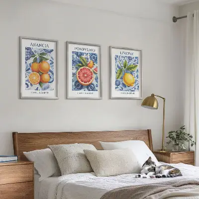 Conjunto de quadros para sala de estar com ilustrações vintage de frutas cítricas