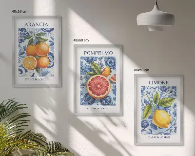 Conjunto de quadros para sala de estar com ilustrações vintage de frutas cítricas