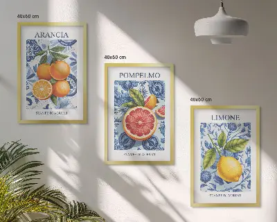 Conjunto de quadros para sala de estar com ilustrações vintage de frutas cítricas
