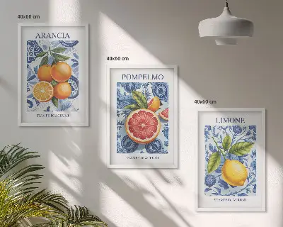 Conjunto de quadros para sala de estar com ilustrações vintage de frutas cítricas
