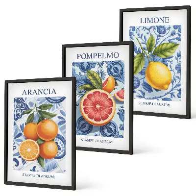 Conjunto de quadros para sala de estar com ilustrações vintage de frutas cítricas