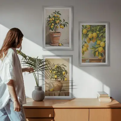 Conjunto de 3 quadros com moldura com limoeiros num vaso e arranjo de plantas