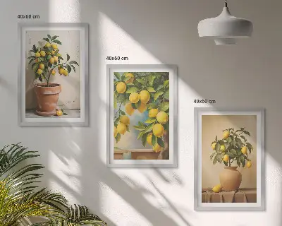 Conjunto de 3 quadros com moldura com limoeiros num vaso e arranjo de plantas