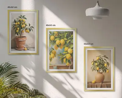 Conjunto de 3 quadros com moldura com limoeiros num vaso e arranjo de plantas