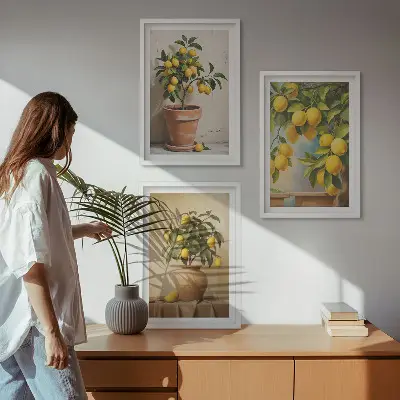 Conjunto de 3 quadros com moldura com limoeiros num vaso e arranjo de plantas