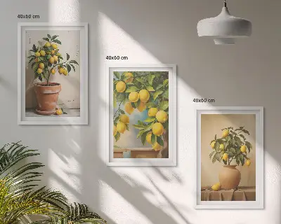 Conjunto de 3 quadros com moldura com limoeiros num vaso e arranjo de plantas