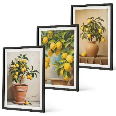 Conjunto de 3 quadros com moldura com limoeiros num vaso e arranjo de plantas