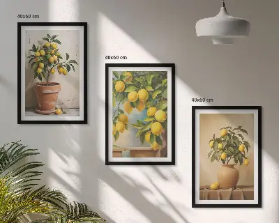 Conjunto de 3 quadros com moldura com limoeiros num vaso e arranjo de plantas