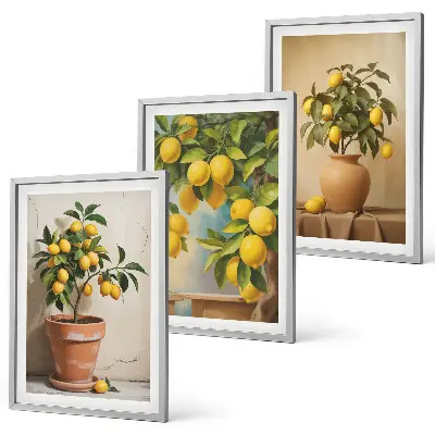 Conjunto de 3 quadros com moldura com limoeiros num vaso e arranjo de plantas