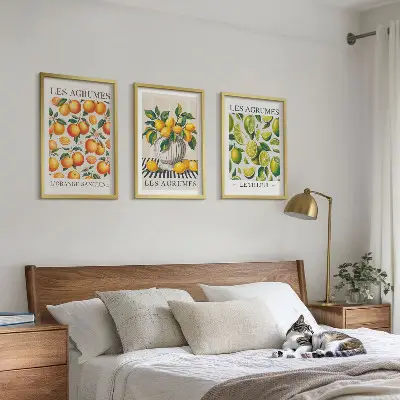 Conjunto de quadros para sala de estar com estampas de frutas cítricas coloridas