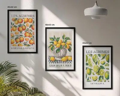 Conjunto de quadros para sala de estar com estampas de frutas cítricas coloridas