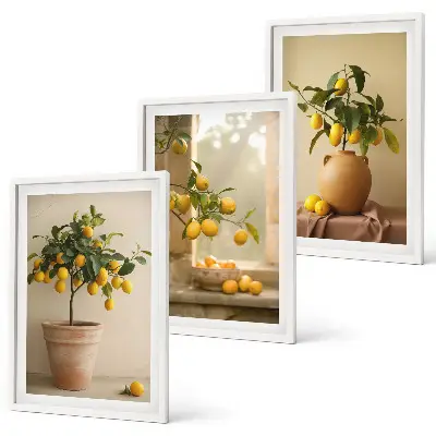 Conjunto de quadros com limoeiros em vasos estilo moderno